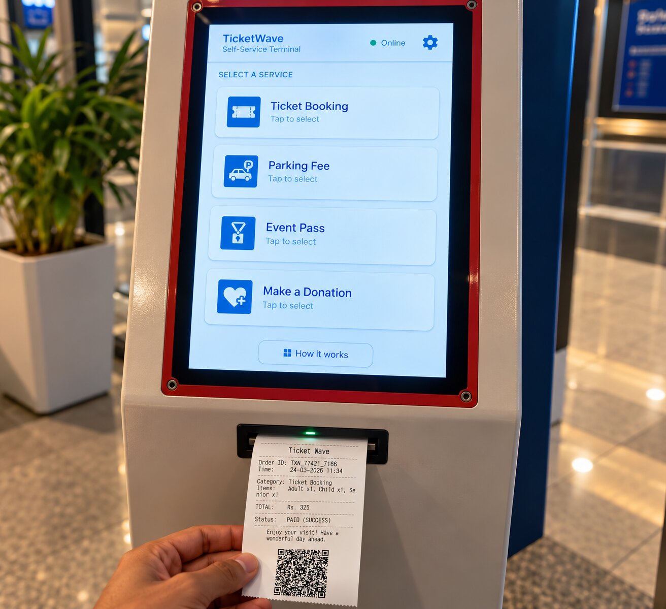 TicketWave self-service kiosk touchscreen with Ticket Booking, Parking Fee, Event Pass and Donation options, and a printed receipt with a QR code